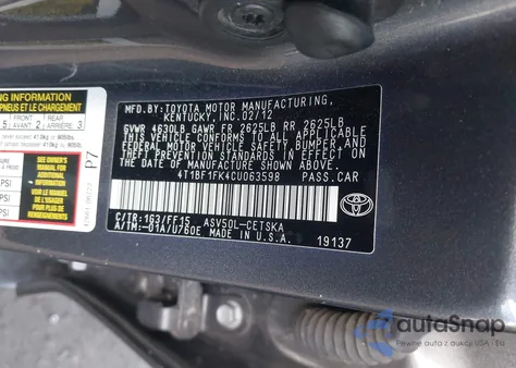 2012 Toyota Camry Se from USA, damaged, VIN 4T1BF1FK4CU063598
